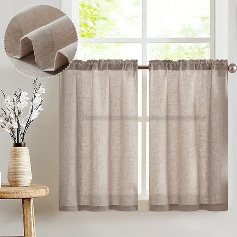 Rideaux Cuisine en Lin Translucides Courts à Passe Tringle - Intérieurs Modernes pour Salon, Placard, Chambre, Fenêtre - Décoration 2 Pièces 65x90cm Marron (1/5)