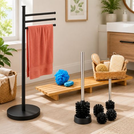 Bambus-Badewannen-Set (3-teilig) – 70 cm langer Badewannen-Ablagewagen, schwenkbarer Handtuchhalter mit 3 Stangen & Bürsten-Nachfüllpackungen (1/5)