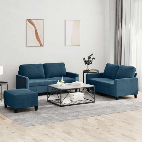 3-tlg. Sofagarnitur mit Kissen Blau Samt (1/5)