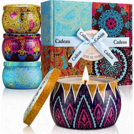 Coffret Cadeau Bougies Parfumées Femme, 4 Bougies à la Cire de Soja Naturelle, Parfums Lavande Citron Figue et Printemps, Cadeau Élégant pour Anniversaire Noël Saint-Valentin (1/5)