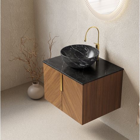 Mueble de lavabo suspendido 61 cm en contrachapado color espresso, encimera de piedra sinterizada negra y lavabo cerámico (1/5)
