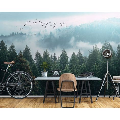 Fototapete Nebelwald Bäume Natur 3D-Optik, für Wohnzimmer und Schlafzimmer, 150 x 105 cm – Komplettset inkl. Kleister & Anleitung (1/5)