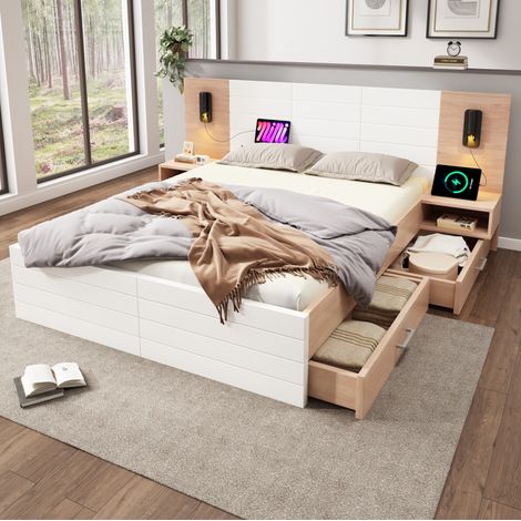 Letto matrimoniale in legno massello e MDF bianco e rovere chiaro 180x200 cm con rete, 2 cassetti, USB e luce lettura (1/5)