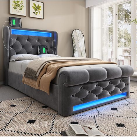 Lit coffre rembourré velours gris 90x200 cm avec LED, tête de lit rangement et ports USB/Type-C, matelas inclus (1/5)
