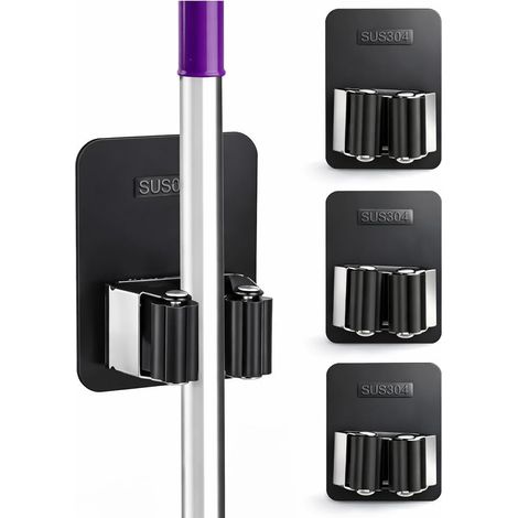 4PCS Porte Balais Mural, Acier Inoxydable, Adhésif Sans Percage, Support Outils Nettoyage, Cuisine Salle De Bain Garage