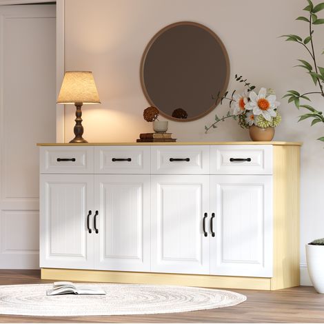 Sideboard 160x35x80 cm Weiß MDF mit 4 Schubladen, 4 Türen, verstellbaren Einlegeböden und Metallgriffen (1/5)