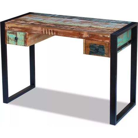 Bureau 2 tiroirs 1 porte bois massif recyclé multicolore et métal noir Moust 110 cm (1/5)