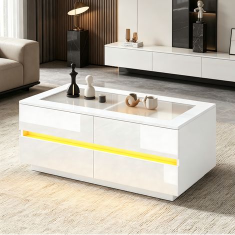 Table basse 100x50x40 cm avec 4 tiroirs et LED, plateau en verre trempé, structure stable en panneaux de particules blanc (1/5)