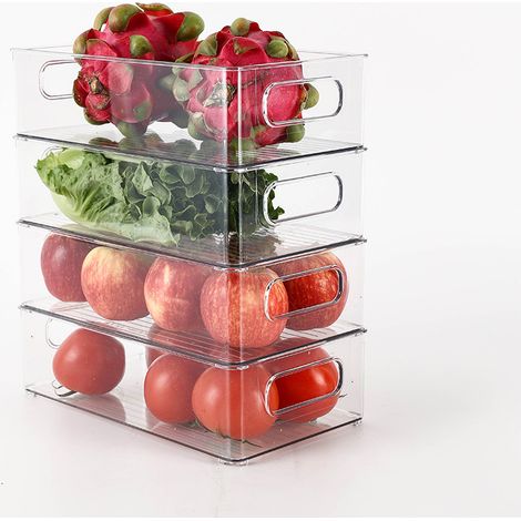 4 boîtes de rangement empilables pour réfrigérateur, transparentes, pour plan de travail, pour fruits et légumes, 26,5 x 15 x 7,7 cm (1/5)