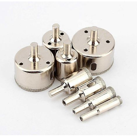 Ensemble de 8 scies cloches et forets diamantés (10–50 mm) pour marbre et carrelage.