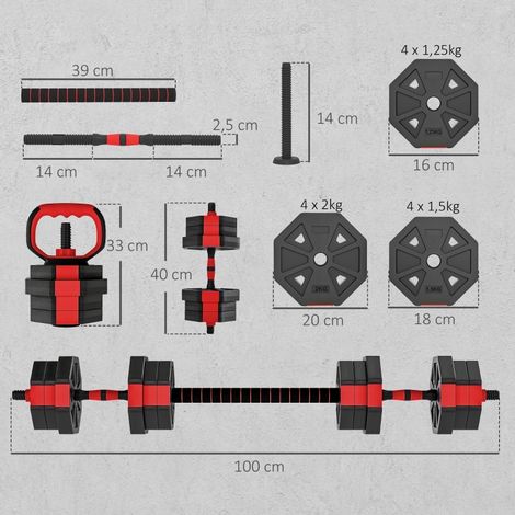 Set d'haltères 4-en-1 : poids et barres réglables 20 kg pour musculation à la maison (1/5)