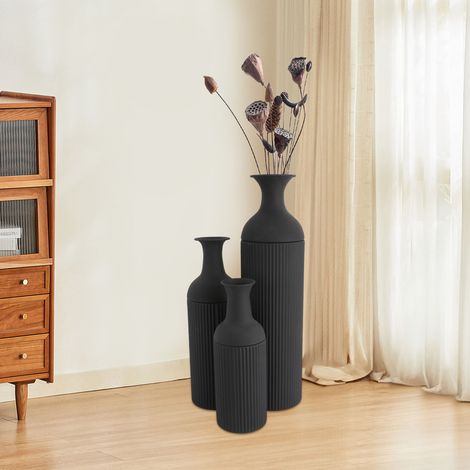 Lot de 3 vases à fleurs de table ou de sol, vases modernes en métal pour la maison ou le bureau – finition dépolie, Noir, 18×67cm / 16×50cm / 14×40cm (1/5)