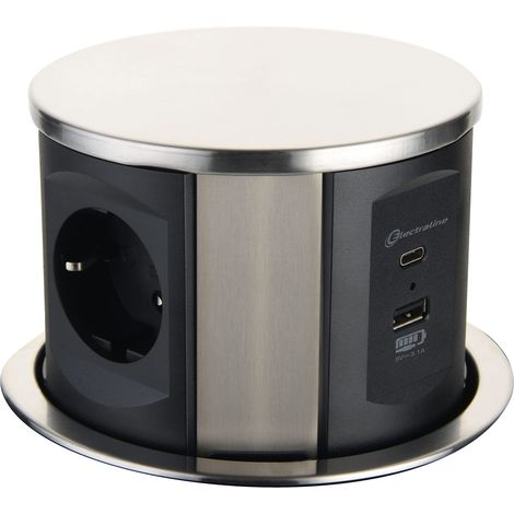 Electraline 62571 Presa multipla retrattile/da tavolo/ a 3 vie (2 USB 3.1A: 1 tipo A+1 tipo C 15,5 W, cavo da 2 m), integrata per presa multipla da piano di lavoro, D 120 mm