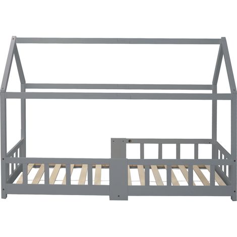 Cama casita infantil 90 x 200 cm de pino gris con pizarra y somier (1/5)