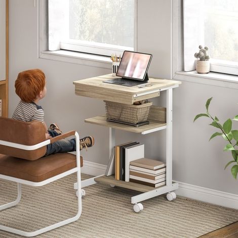 MODFU – Bureau informatique compact 56x51 cm panneaux et métal – Tiroir, étagères et 4 roulettes dont 2 verrouillables – Jusqu'à 18 pouces – Bureau – Chêne (1/5)