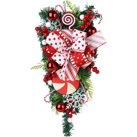 Couronne de Noël suspendue en forme de sapin inversé, ornée de bonbons artificiels, pour décoration de porte ou de mur, 50 x 30 cm (1/3)