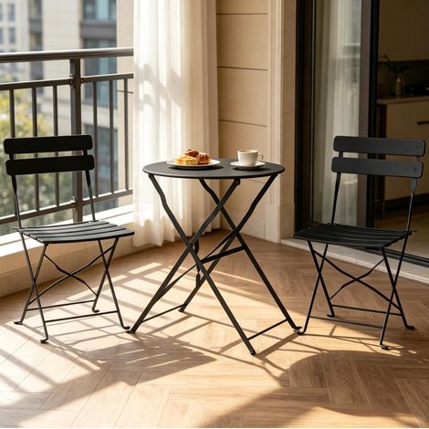 Conjunto de mesa y sillas de jardín plegables, mesa redonda y 2 sillas de metal negro, DESVIAE (1/5)