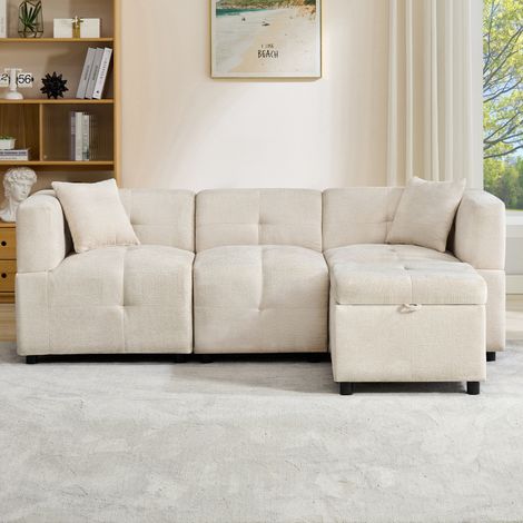 Canapé d‘angle 3 places 204x126x69 cm avec repose-pieds amovible et rangement intégré - Tissu Chenille - Beige (1/5)