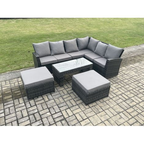 Fimous 8 places Salon de Jardin en Rotin PE avec 2 Grands Tabourets Table basse rectangulaire (1/5)