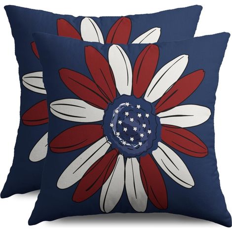 Funda de almohada Daisy para el 4 de julio, 45 x 45 cm, juego de 2 piezas, decoración patriótica en rojo, azul y blanco compatible con rellenos de almohada estándar de 45 x 45 cm.