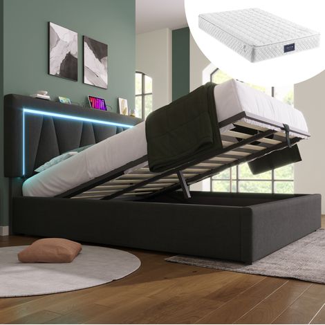 lit adulte rangement 160x200 LED USB C lin gris matelas HAVRYA (1/5)