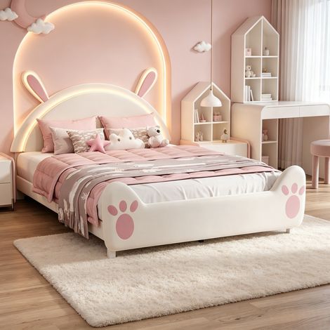 Lit 140x200,lit simple 140x200,lit princesse,lit fille,lit enfant,lit adulte,avec sommier a lattes,tissu en velours,Rose (1/5)