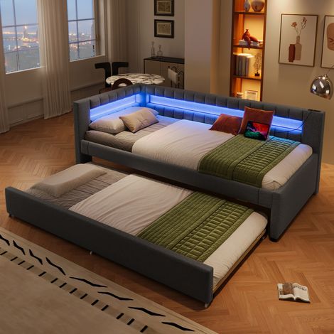 Lit enfant banquette 90x190/200 cm convertible lit gigogne LED USB Type-C, 2 sommiers à lattes, cadre de lit en lin, gris