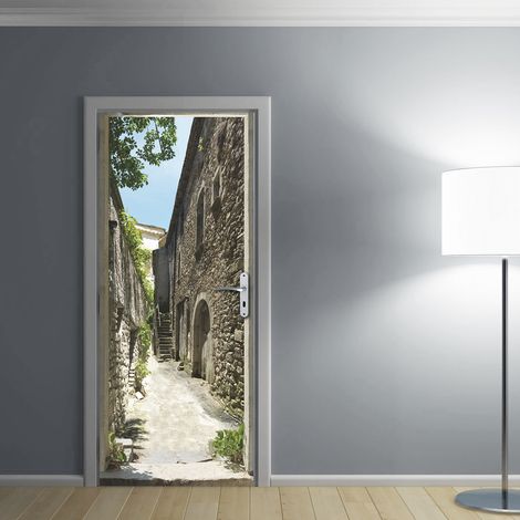 Sticker mural décoratif 83 cm X 204 cm - Vue sur une ruelle de village campagnard pour porte - Décoration intérieure (1/5)