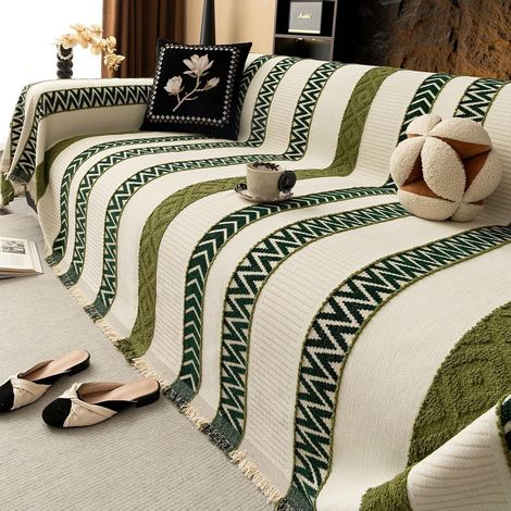 Housse de canapé en chenille pour toutes les saisons - Pour futon et canapé en forme de L avec pompons - 180 x 150 cm (1/5)