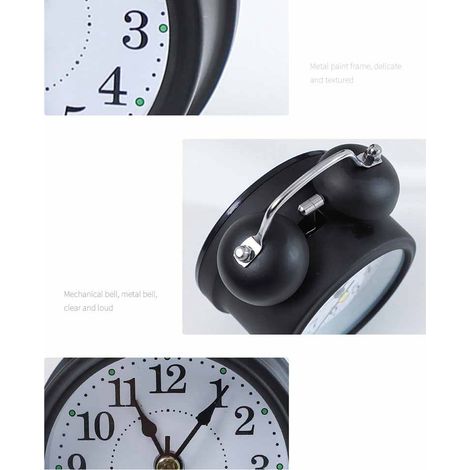 Réveil mécanique minimaliste moderne en métal de 7,6 cm (3 pouces) pour chambre d'étudiant, horloge numérique silencieuse, noir. (1/5)