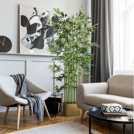 Bambú artificial 180 cm en maceta de madera de pino, planta decorativa verde DESVIAE (1/5)