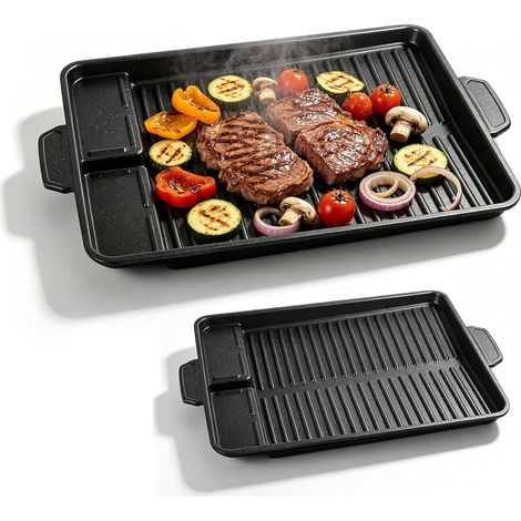 Plaque de cuisson rectangulaire pour cuisinière à gaz, poêle à grill, 37 x 26 cm, poêle à gril avec revêtement antiadhésif pour réchaud de camping, pour induction, gaz, vitrocéramique (1/5)