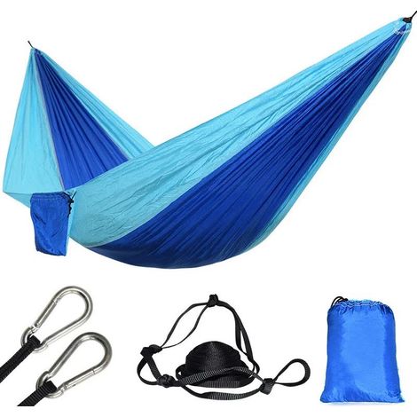1 hamac Divers accessoire de portail, en toile de parachute bleu, 270 x 140 cm, charge max 300 kg, poids 540 g, pour plage ou extérieur (1/5)