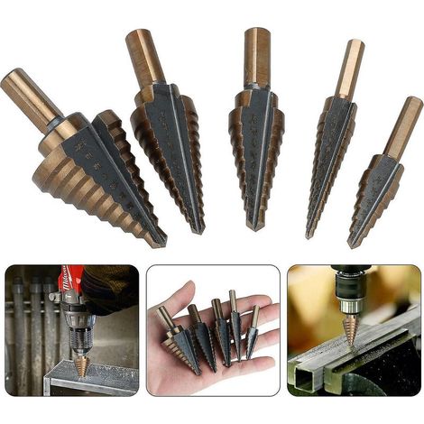 Reno – Juego de 5 brocas escalonadas para metal – Cónicas de titanio HSS de 5-35 mm – Para acero, madera, latón, aluminio y PVC – Corte limpio y rápido (1/3)