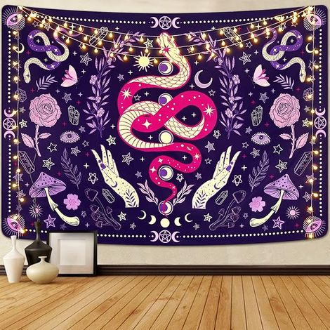 BEBUSINGOTO Tapisserie esthétique de serpent, tapisserie de champignons, tapisserie de phases de lune et d'étoiles, tapisserie de papillons et de fleurs pour décoration murale (51,2 x 59,1 in) (1/5)
