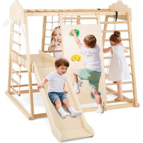 8-in-1 Indoor Play Gym with Removable Slide, Wooden Climbing Toys for Kids Ages 3+, Natural (1/4)