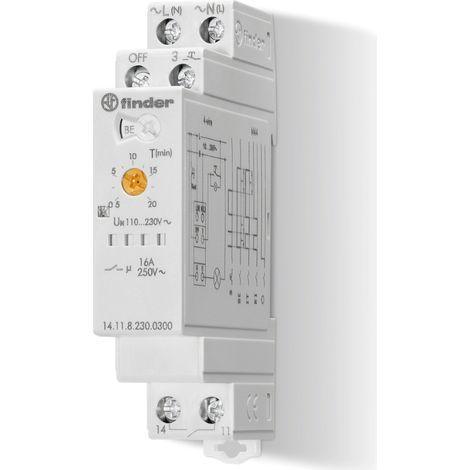 Temporizzatore per luce scale, 4 funzioni, reset per spegnimento centralizzato, regolazione 30 secondi 20 minuti, 16A, 1 contatto NO, serie 14 - Finder 14.11.8.230.0300 (1/2)