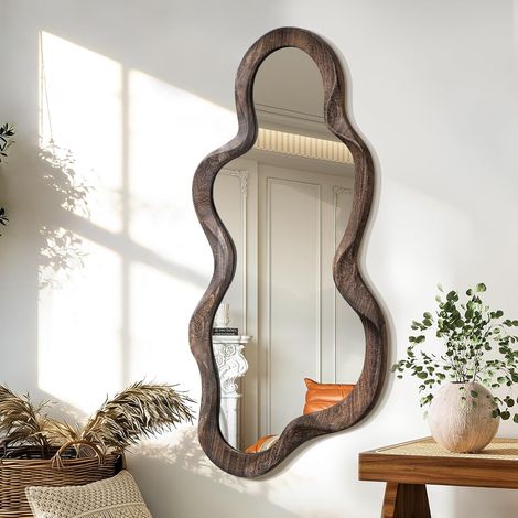 Miroir Mural asymétrique décoration Grand Cadre en Bois Moderne Miroir Mural Forme Unique vanité Murale Art Miroir à Vagues décoration Salon Chambre Salle de Bains entrée Nature (1/5)