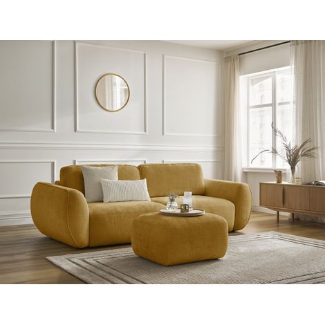 BOBOCHIC - Canapé droit convertible 3 places DENISE tissu texturé avec pouf Jaune (1/5)