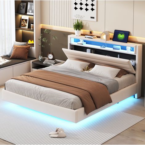 Cama tapizada 160x200 cm beige, tela con USB, LED y cabecero con almacenaje (1/5)