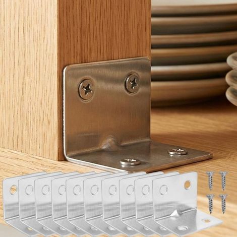 Lot de 10 équerres larges en acier inoxydable à angle droit en forme de L à 4 trous pour meubles (10 entretoises + 40 vis) (1/5)