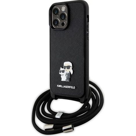 Karl Lagerfeld KLHCP14XSAKCPSK iPhone 14 Pro Max 6.7 funda rígida negra/negra bandolera Saffiano con pin metálico Karl & Choupette (1/5)