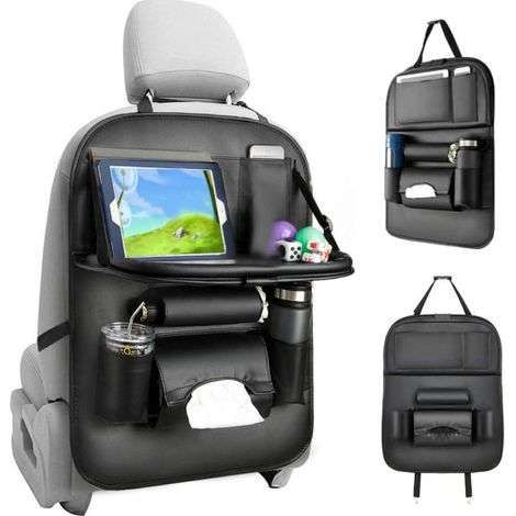 Porte-bagages arrière de voiture, table plateau pliable en cuir PU, organiseur de rangement avec porte-bouteille, boîte à mouchoirs, noir (1/5)