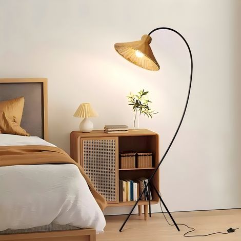 Natürliche Stehlampe mit Rattan Schirm 188cm – Boho Bodenlampe mit Fußschalter & 3 Lichtfarben