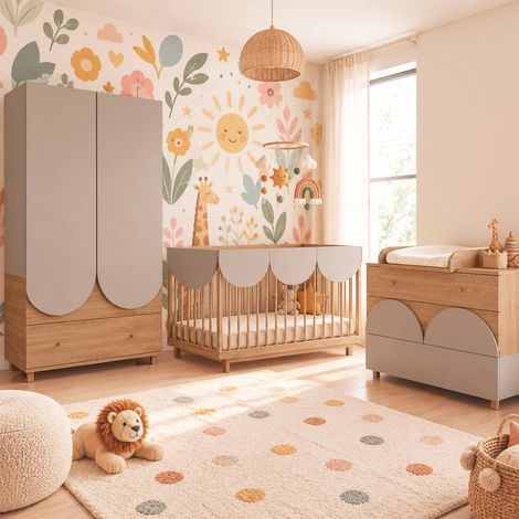 Dormitorio completo cuna evolutiva 70x140 cómoda cambiador y armario 2 puertas 2 cajones Wood Luck Bloom Cachemira y Mad (1/5)