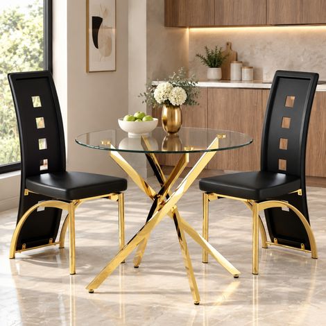 Runder Esstisch 88 cm aus Sicherheitsglas mit 2 schwarzen PU-Stühlen und goldenem Metall (1/5)