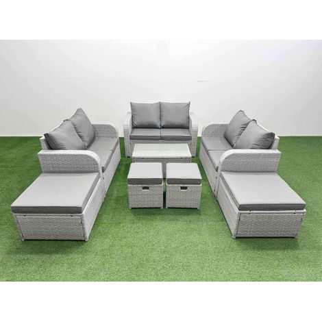 Fimous 8 PCs Rectangular Coffee Table Set Reclining Chair Inclining Sofa Love Sofa 2 Big Footstool 2 Small Stool Light Grey (1/4)