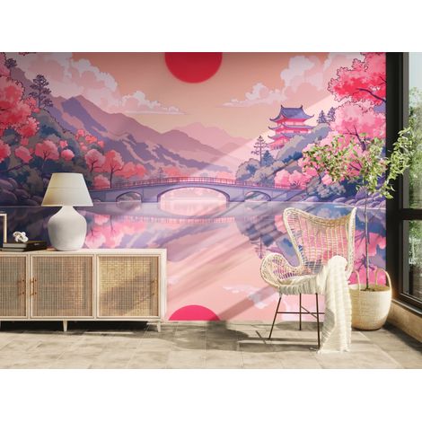 Papier peint japonais – Cerisiers et temple - 300 x 250 cm (1/2)