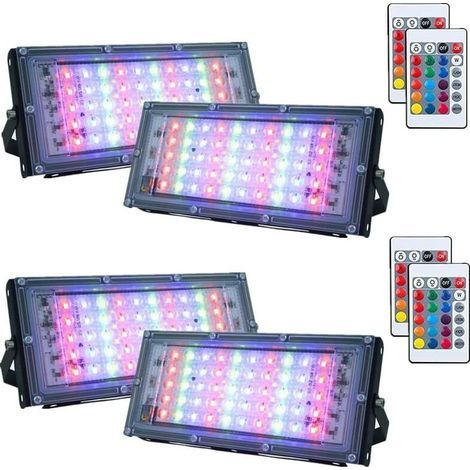 Lot de 4 projecteurs LED RVB à intensité variable pour extérieur, étanches IP66 avec télécommande, 16 couleurs, 4 modes d'éclairage pour extérieur, intérieur et extérieur (50 W) (1/4)