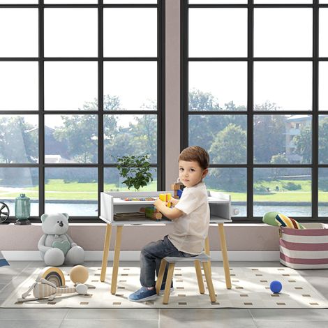 Ensemble table et tabouret pour enfants. Plateau réversible et essuie-tout inclus. Blanc.